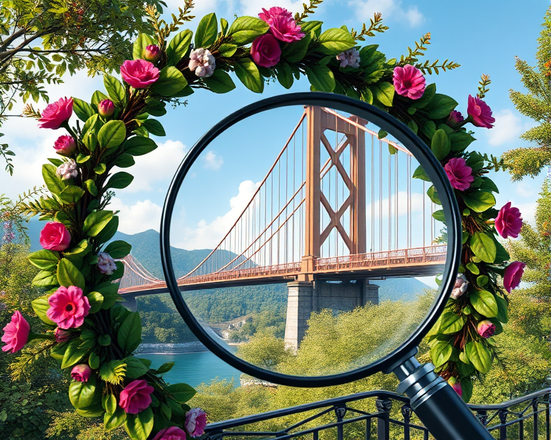 wreath, bridge, magnifying glass